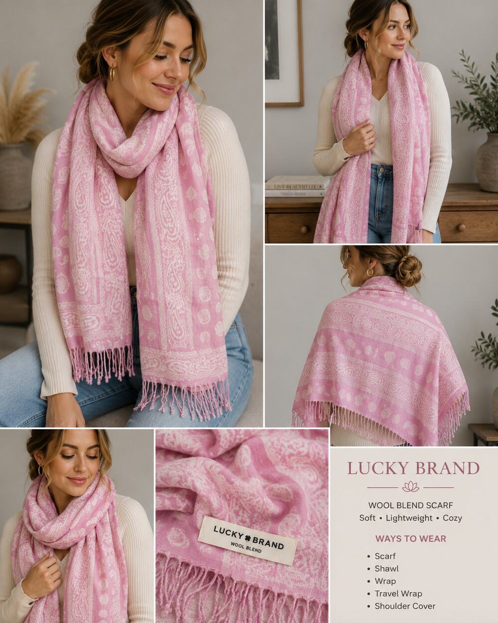 Lucky Brand Pink Paisley Fringe Scarf Wool Blend Boho Wrap Shawl
